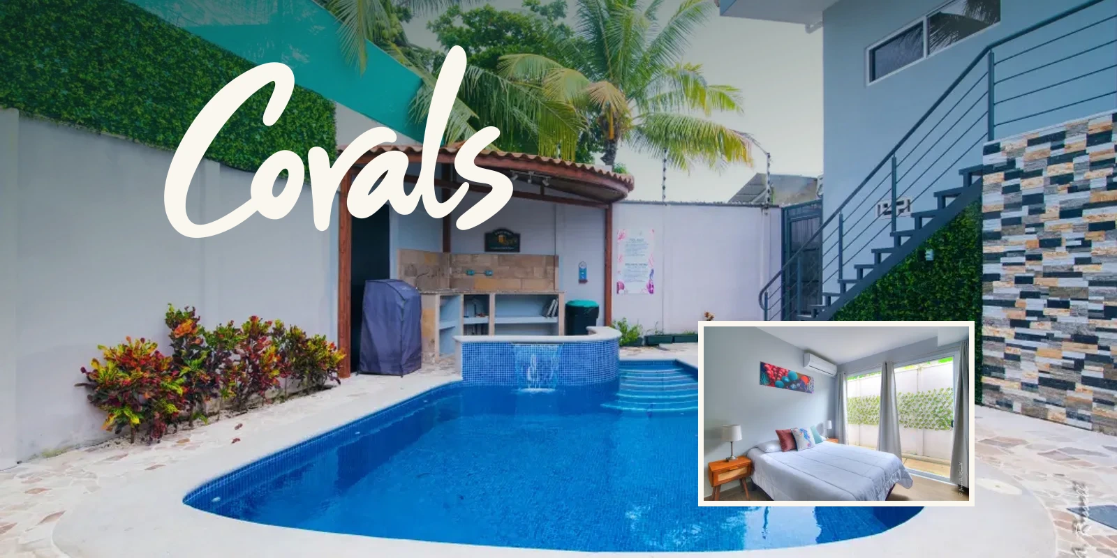 Piscina de Corals a toda la portada, con el logo oficial en blanco y un detalle fotográfico del dormitorio