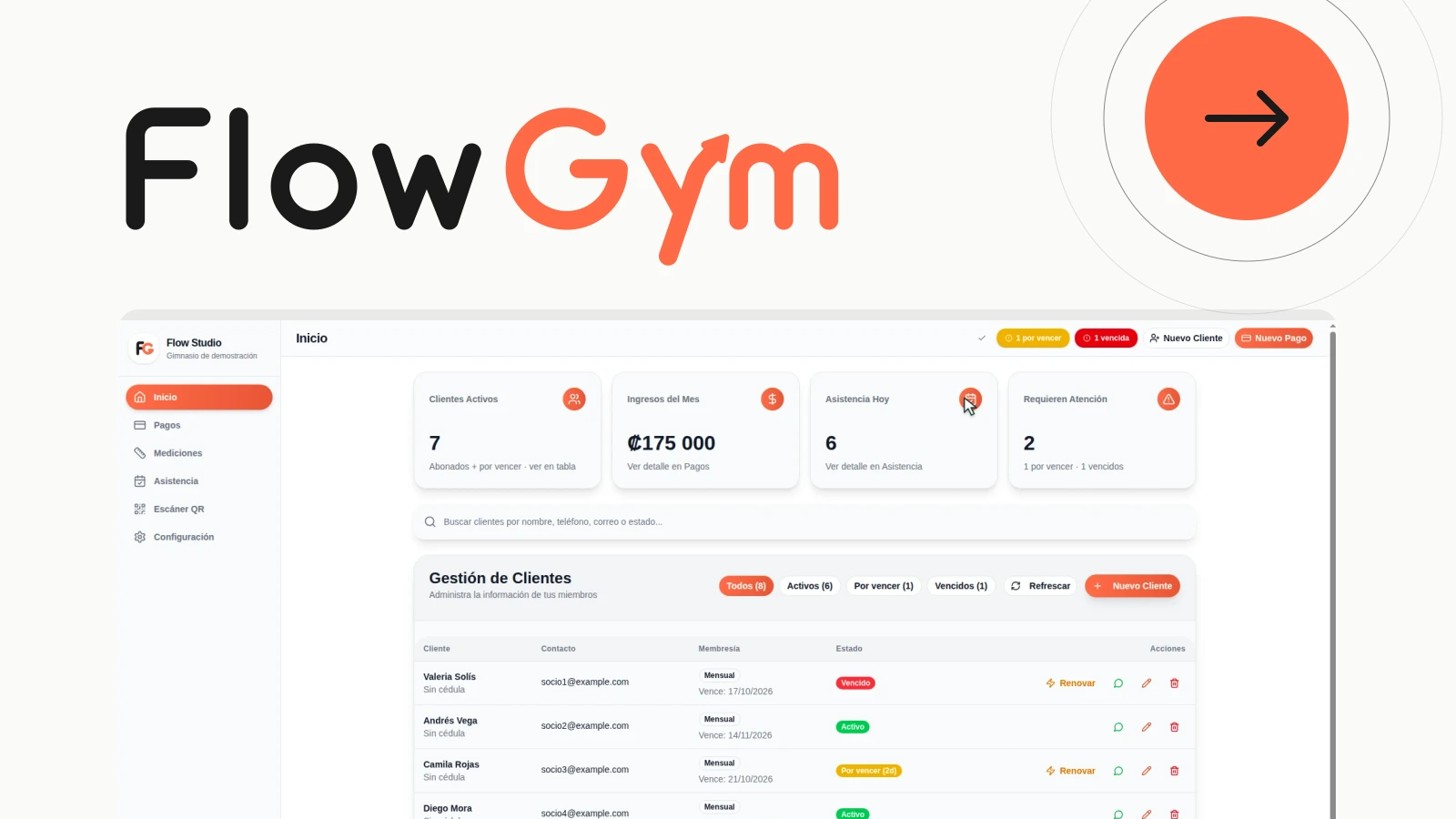 Logo vectorial original de FlowGym sobre blanco cálido, acento coral y una vista del panel con socios ficticios