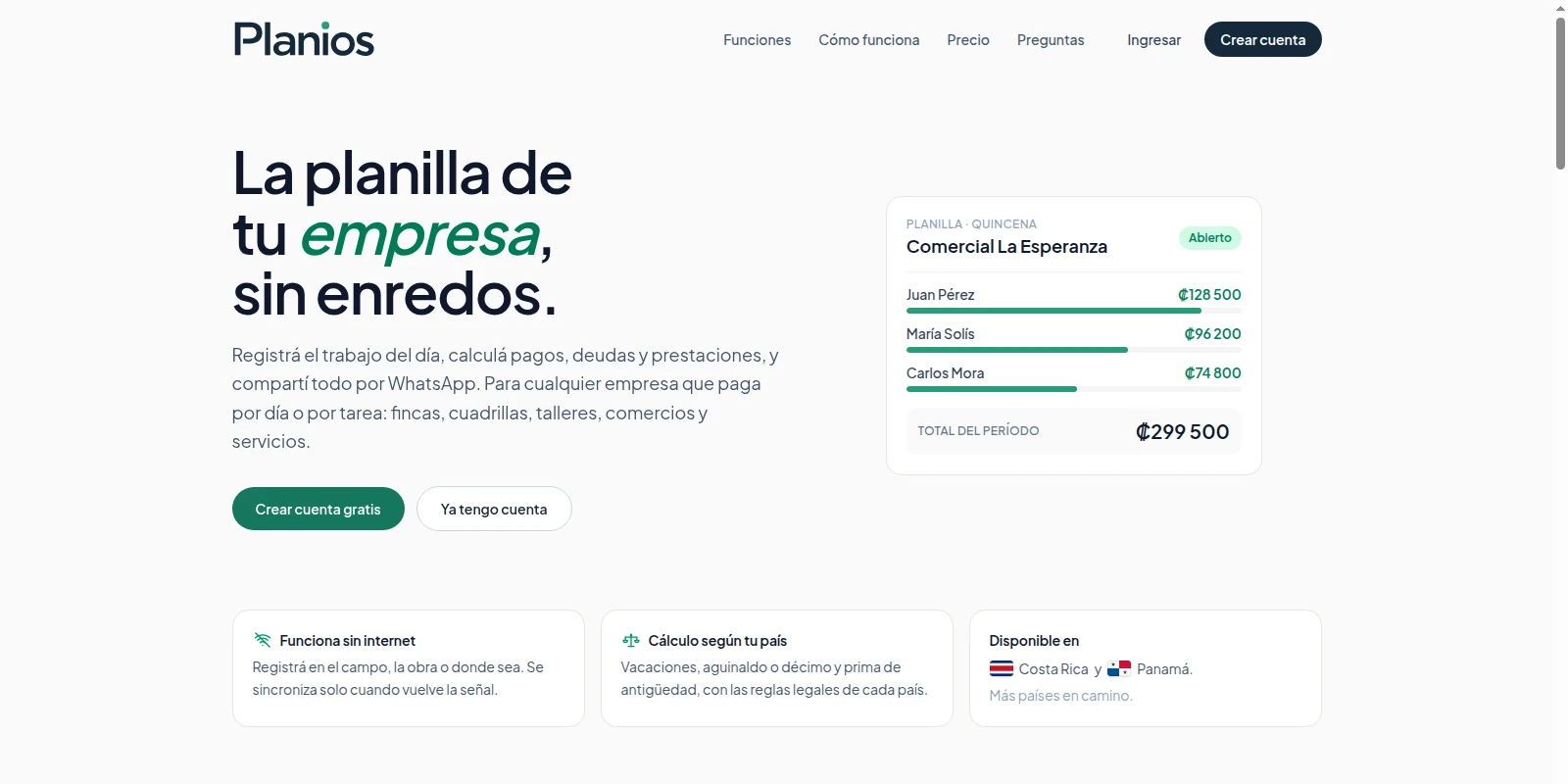 Landing pública real de planios.app: La planilla de tu empresa sin enredos, accesos para crear cuenta e ingresar